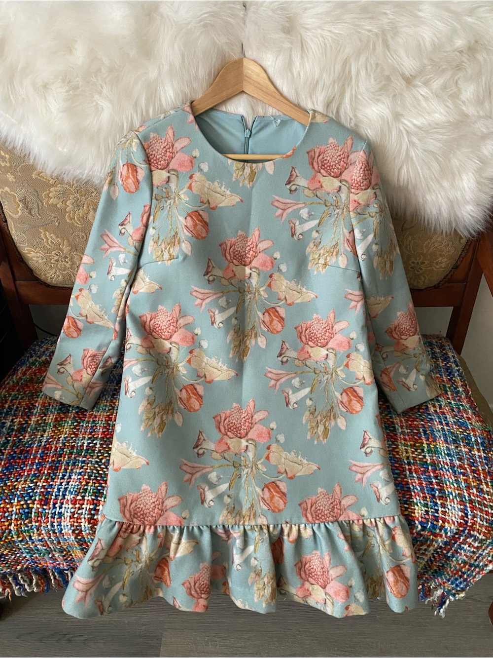 Floral Ruffle Hem Dress in Light Green and Pink
